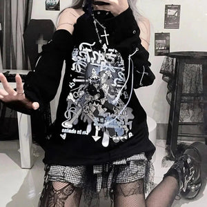 Black Gothic Harajuku Anime Off-Shoulder Long Sleeve Tee-Kawaii Dream