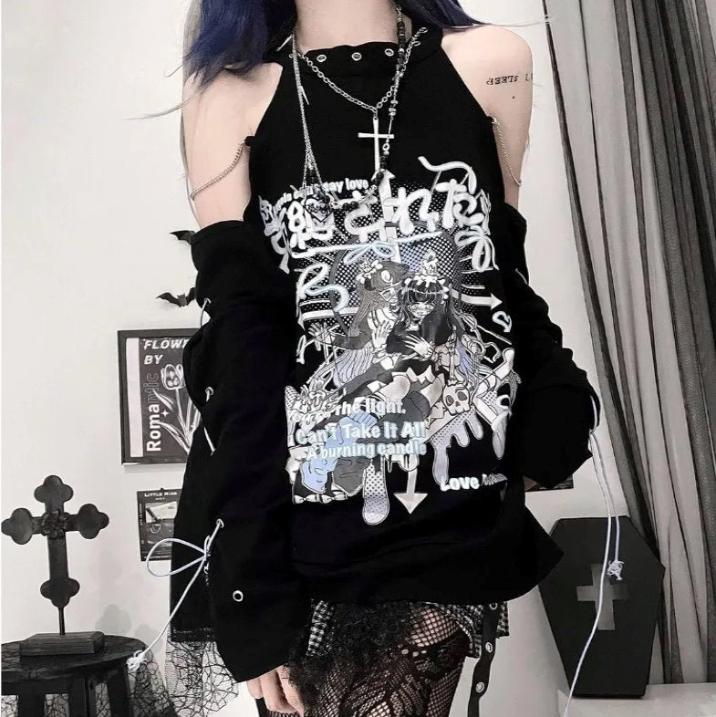 Black Gothic Harajuku Anime Off-Shoulder Long Sleeve Tee-Kawaii Dream