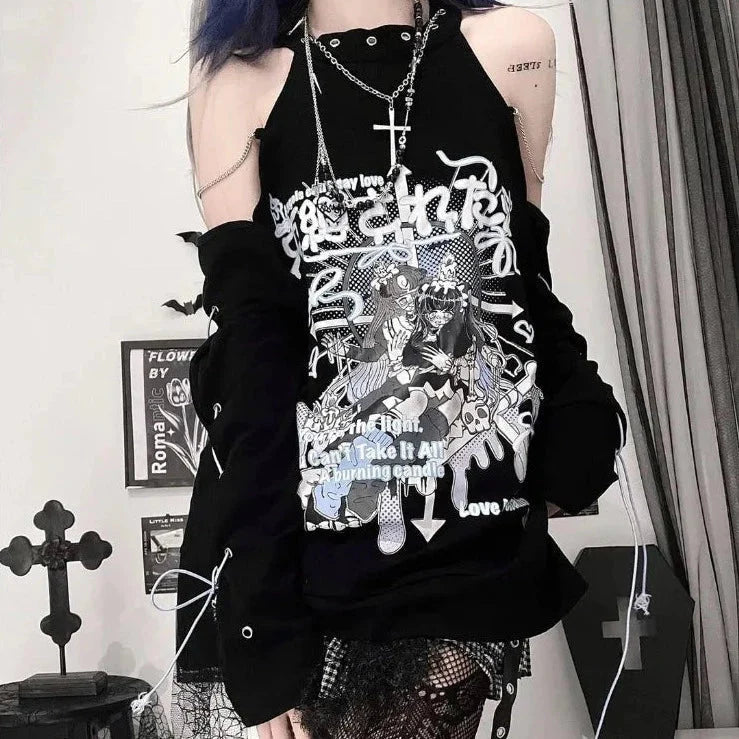 Black Gothic Harajuku Anime Off-Shoulder Long Sleeve Tee-Kawaii Dream