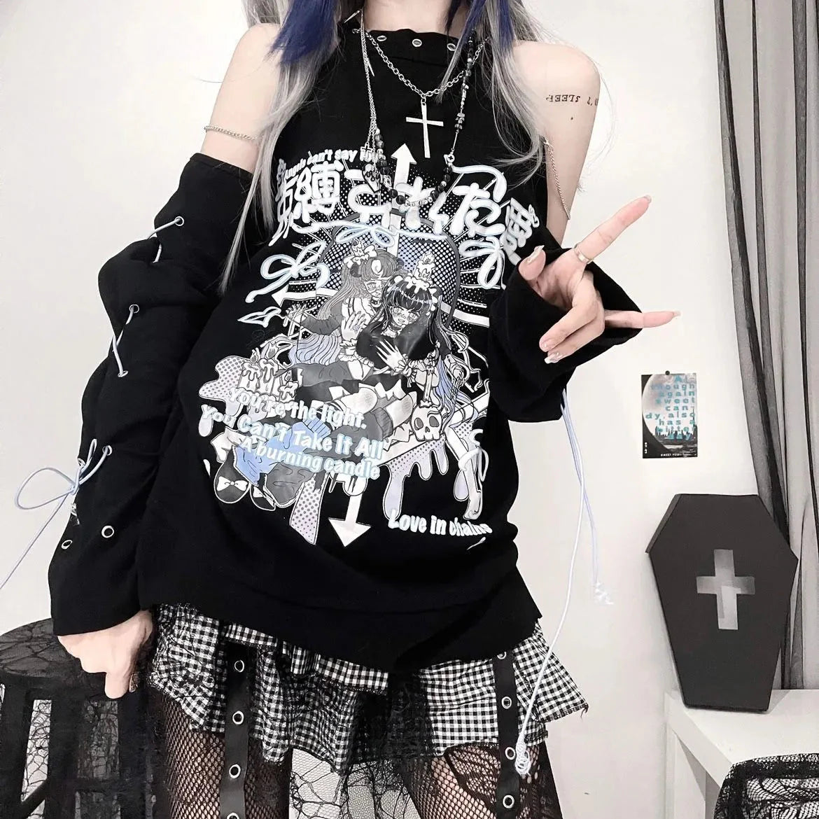 Black Gothic Harajuku Anime Off-Shoulder Long Sleeve Tee-Kawaii Dream