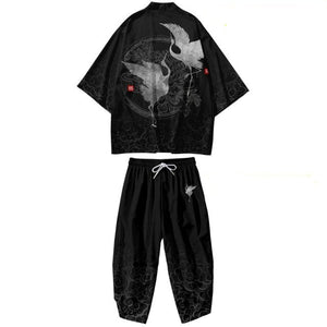 Black Japanese Crane Mens Two-Piece Kimono Yukata Top & Pants Sets-Kawaii Dream