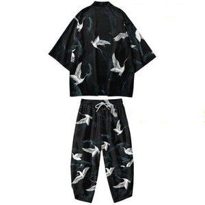 Black Japanese Crane Mens Two-Piece Kimono Yukata Top & Pants Sets-Kawaii Dream