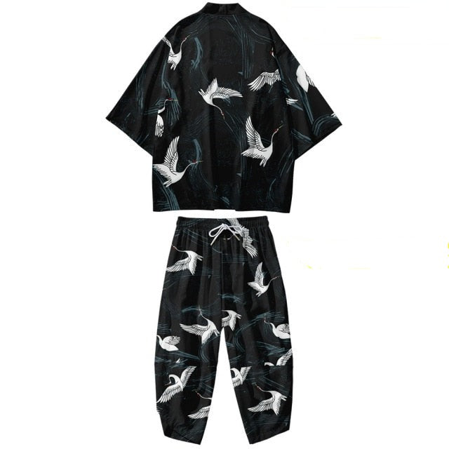 Black Japanese Crane Mens Two-Piece Kimono Yukata Top & Pants Sets-Kawaii Dream