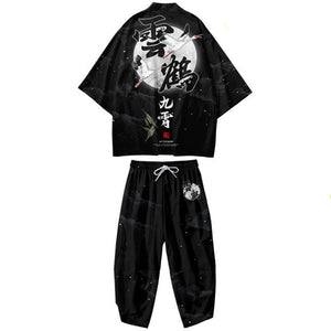 Black Japanese Crane Mens Two-Piece Kimono Yukata Top & Pants Sets-Kawaii Dream
