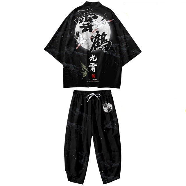Black Japanese Crane Mens Two-Piece Kimono Yukata Top & Pants Sets-Kawaii Dream