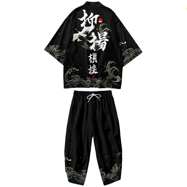 Black Japanese Crane Mens Two-Piece Kimono Yukata Top & Pants Sets-Kawaii Dream