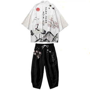 Black Japanese Crane Mens Two-Piece Kimono Yukata Top & Pants Sets-Kawaii Dream