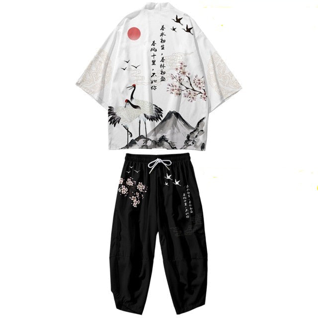 Black Japanese Crane Mens Two-Piece Kimono Yukata Top & Pants Sets-Kawaii Dream