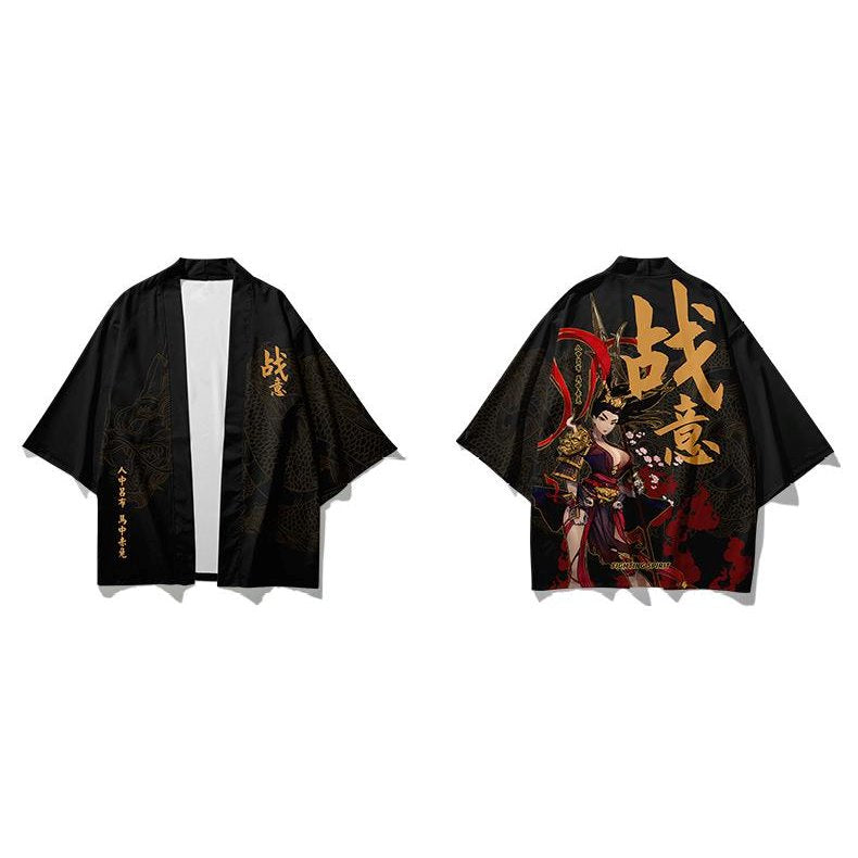 Black Japanese Female Fighter Mens Two-Piece Kimono Yukata Top & Pants Sets-Kawaii Dream