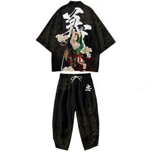 Black Japanese Female Fighter Mens Two-Piece Kimono Yukata Top & Pants Sets-Kawaii Dream