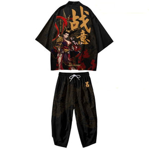 Black Japanese Female Fighter Mens Two-Piece Kimono Yukata Top & Pants Sets-Kawaii Dream