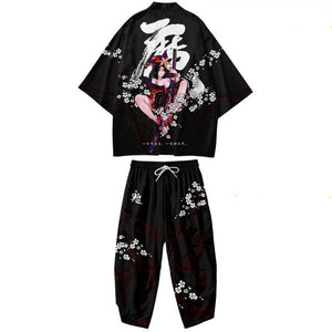 Black Japanese Female Fighter Mens Two-Piece Kimono Yukata Top & Pants Sets-Kawaii Dream
