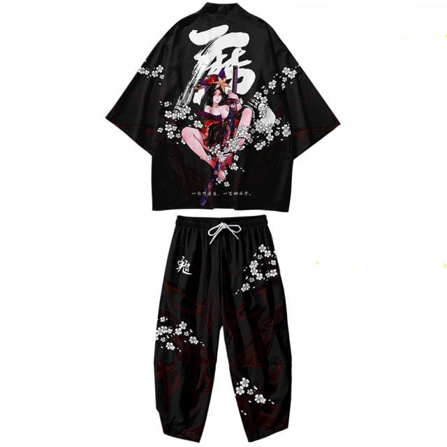Black Japanese Female Fighter Mens Two-Piece Kimono Yukata Top & Pants Sets-Kawaii Dream