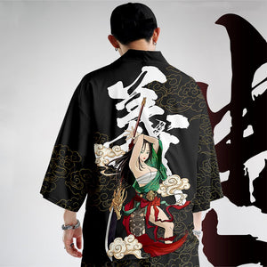 Black Japanese Female Fighter Mens Two-Piece Kimono Yukata Top & Pants Sets-Kawaii Dream