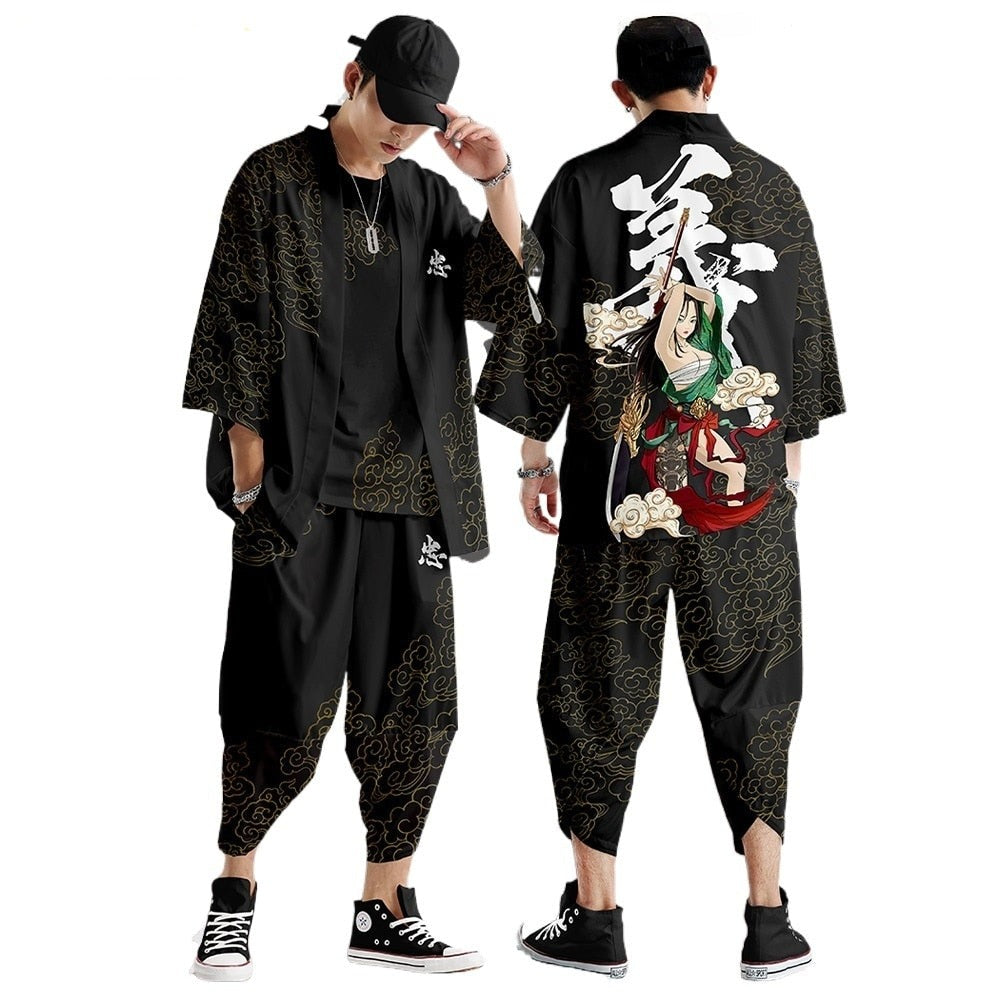 Black Japanese Female Fighter Mens Two-Piece Kimono Yukata Top & Pants Sets-Kawaii Dream