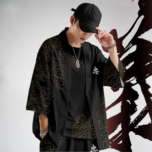 Black Japanese Female Fighter Mens Two-Piece Kimono Yukata Top & Pants Sets-Kawaii Dream