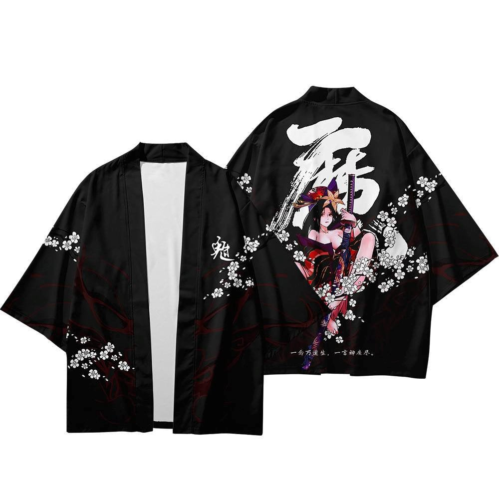 Black Japanese Female Fighter Mens Two-Piece Kimono Yukata Top & Pants Sets-Kawaii Dream