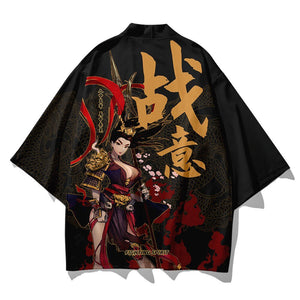 Black Japanese Female Fighter Mens Two-Piece Kimono Yukata Top & Pants Sets-Kawaii Dream