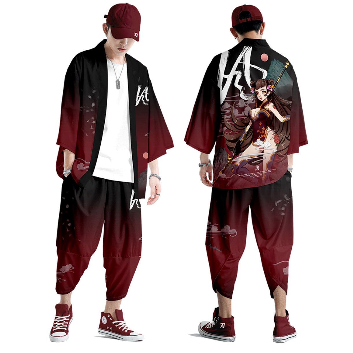 Black Japanese Female Fighter Mens Two-Piece Kimono Yukata Top & Pants Sets-Kawaii Dream