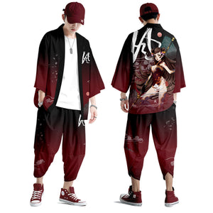 Black Japanese Female Fighter Mens Two-Piece Kimono Yukata Top & Pants Sets-Kawaii Dream