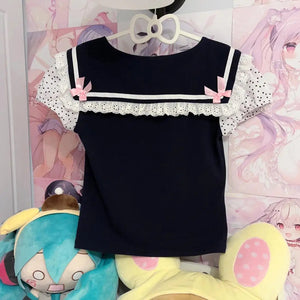 Black Japanese-themed Harajuku Panda Lace Women's Tee-Kawaii Dream