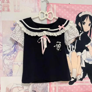 Black Japanese-themed Harajuku Panda Lace Women's Tee-Kawaii Dream