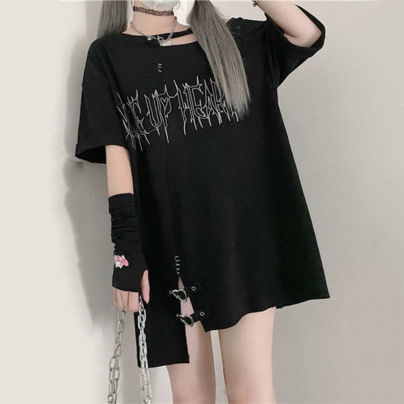 Black 'Make Up Heart' Punk Women's Oversized Tee-Kawaii Dream