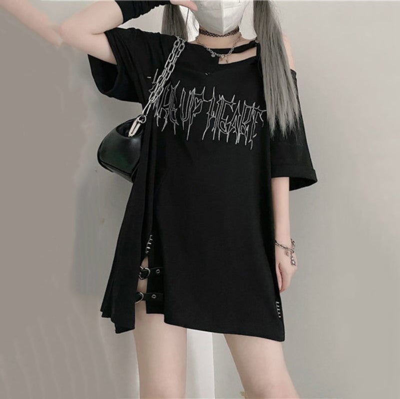 Black 'Make Up Heart' Punk Women's Oversized Tee-Kawaii Dream