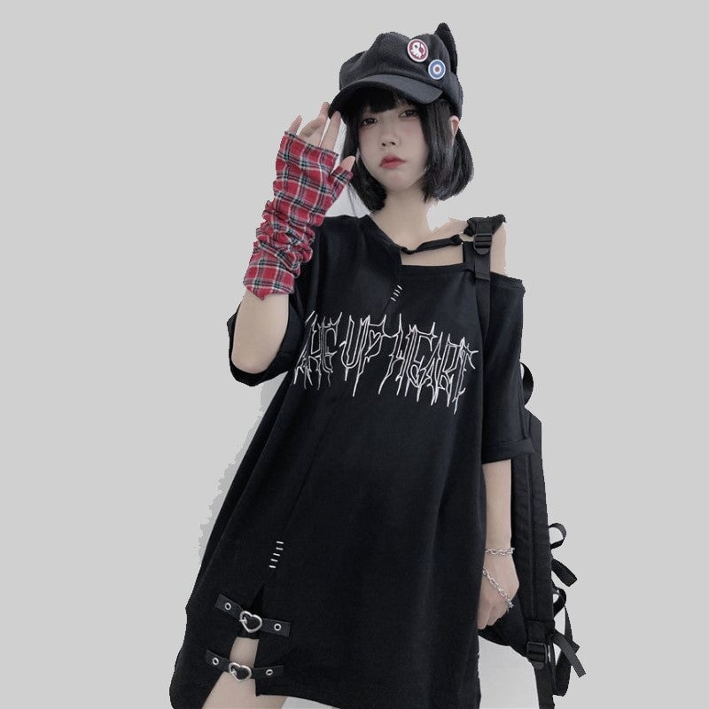 Black 'Make Up Heart' Punk Women's Oversized Tee-Kawaii Dream