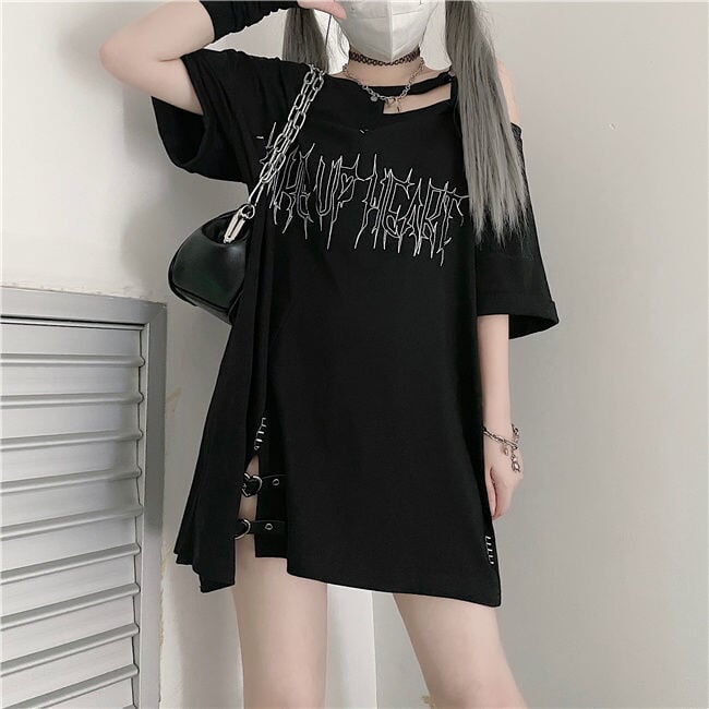 Black 'Make Up Heart' Punk Women's Oversized Tee-Kawaii Dream