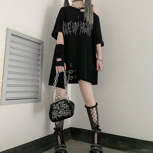 Black 'Make Up Heart' Punk Women's Oversized Tee-Kawaii Dream