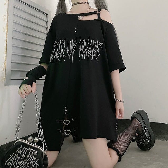 Black 'Make Up Heart' Punk Women's Oversized Tee-Kawaii Dream