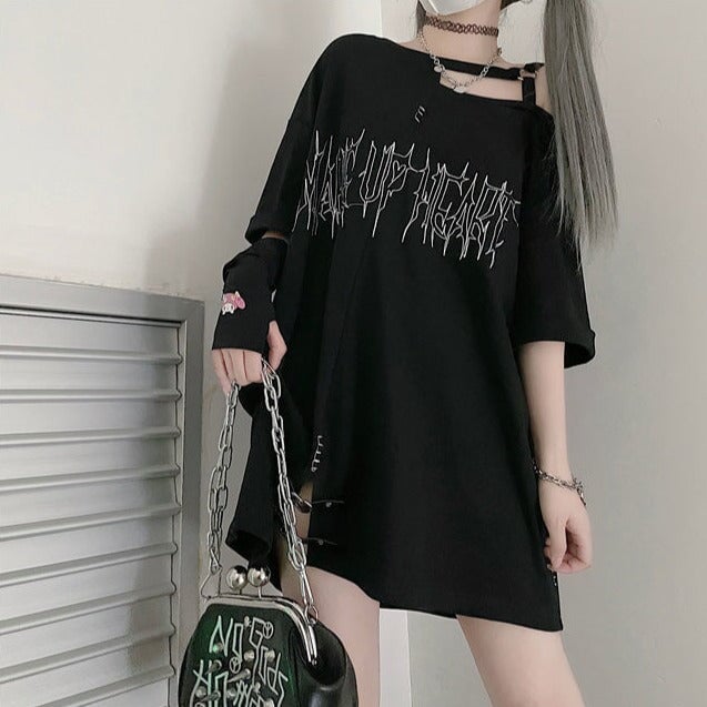 Black 'Make Up Heart' Punk Women's Oversized Tee-Kawaii Dream