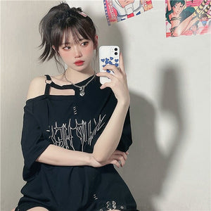 Black 'Make Up Heart' Punk Women's Oversized Tee-Kawaii Dream