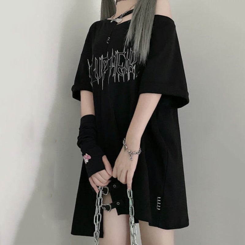Black 'Make Up Heart' Punk Women's Oversized Tee-Kawaii Dream