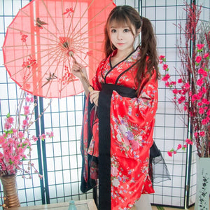 Black Red Japanese Kimono Floral Pattern Short Robe-Kawaii Dream