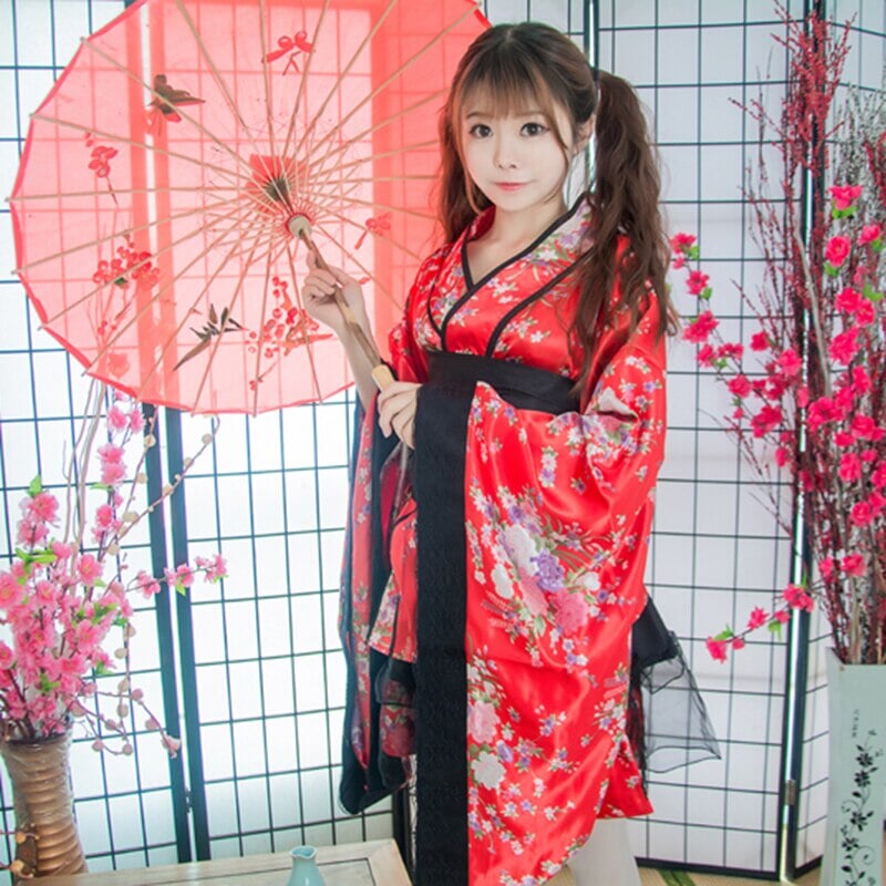 Black Red Japanese Kimono Floral Pattern Short Robe-Kawaii Dream