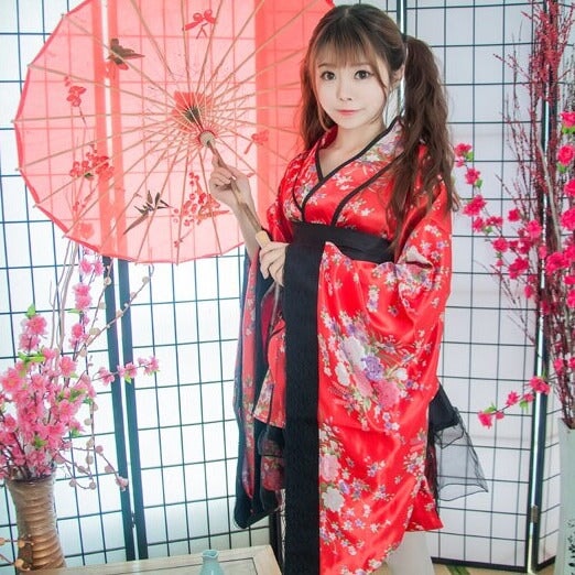 Black Red Japanese Kimono Floral Pattern Short Robe-Kawaii Dream