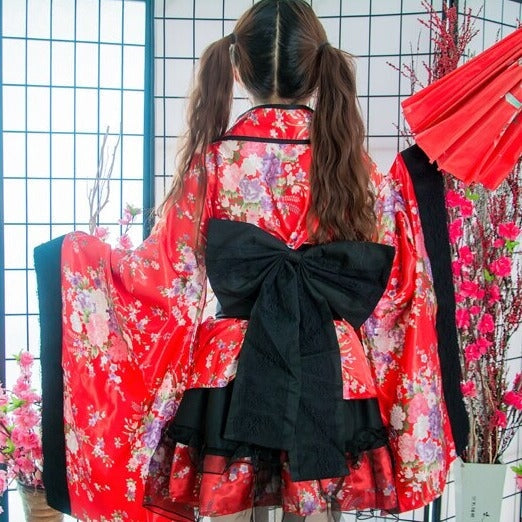 Black Red Japanese Kimono Floral Pattern Short Robe-Kawaii Dream
