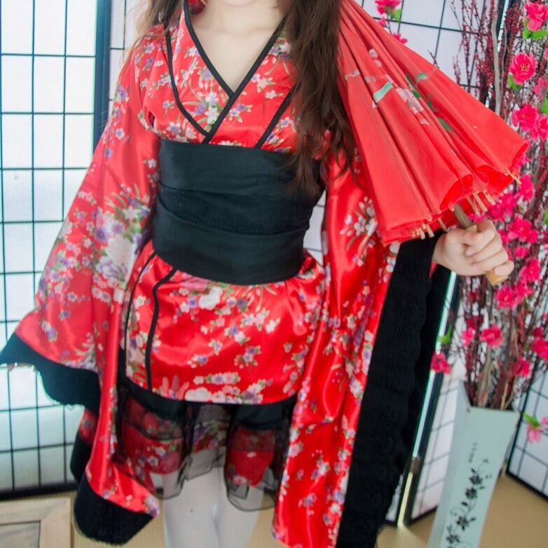 Black Red Japanese Kimono Floral Pattern Short Robe-Kawaii Dream