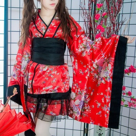 Black Red Japanese Kimono Floral Pattern Short Robe-Kawaii Dream