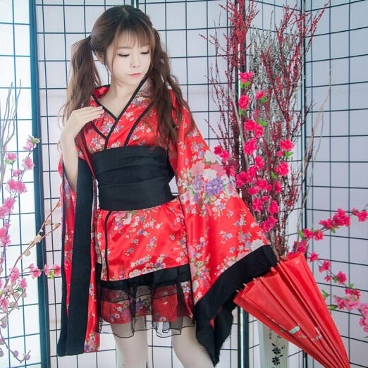 Black Red Japanese Kimono Floral Pattern Short Robe-Kawaii Dream