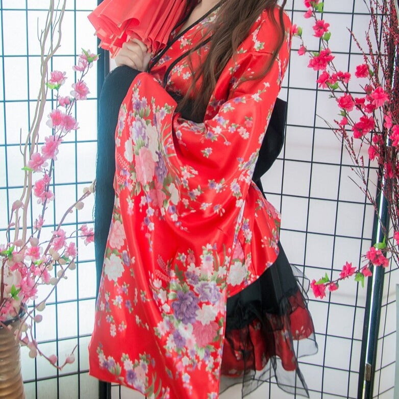 Black Red Japanese Kimono Floral Pattern Short Robe-Kawaii Dream