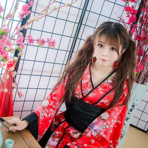 Black Red Japanese Kimono Floral Pattern Short Robe-Kawaii Dream