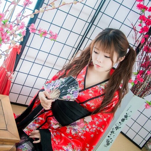 Black Red Japanese Kimono Floral Pattern Short Robe-Kawaii Dream