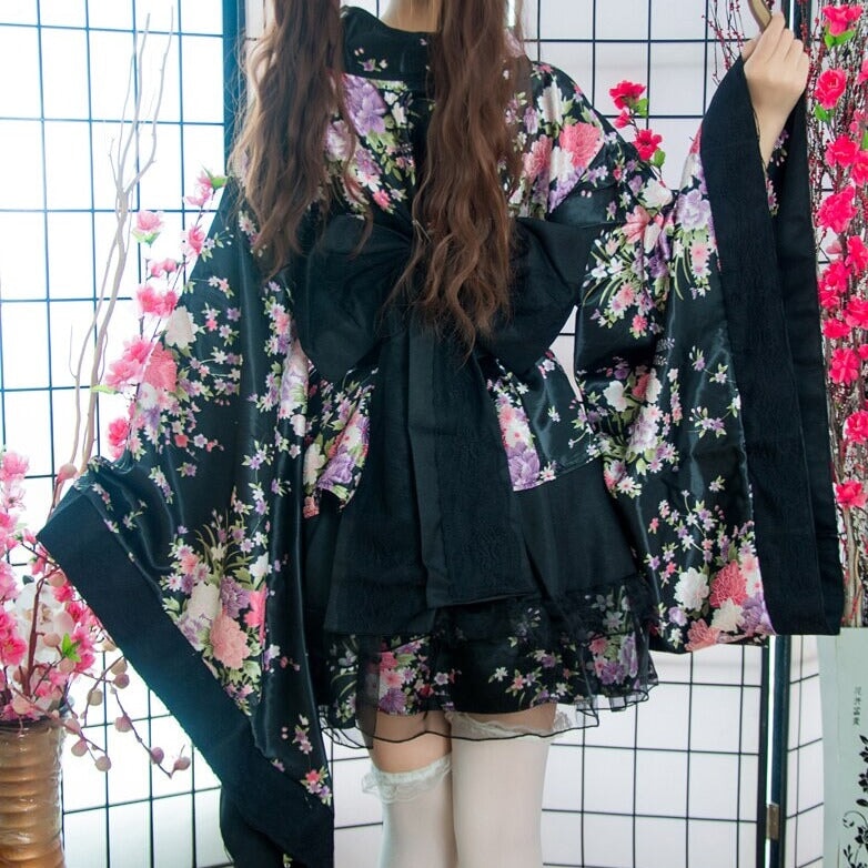 Black Red Japanese Kimono Floral Pattern Short Robe-Kawaii Dream