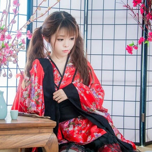 Black Red Japanese Kimono Floral Pattern Short Robe-Kawaii Dream
