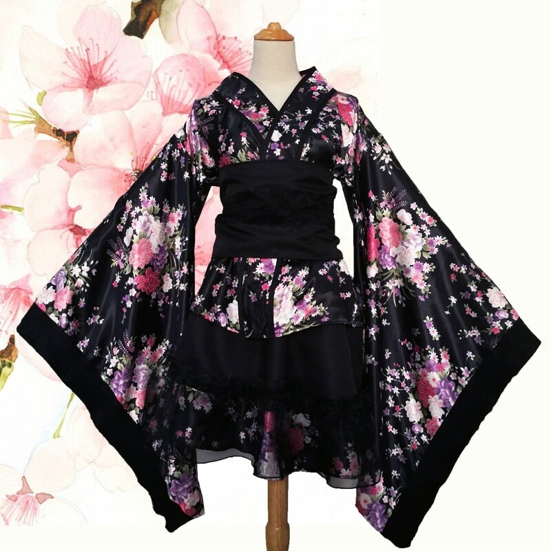 Black Red Japanese Kimono Floral Pattern Short Robe-Kawaii Dream