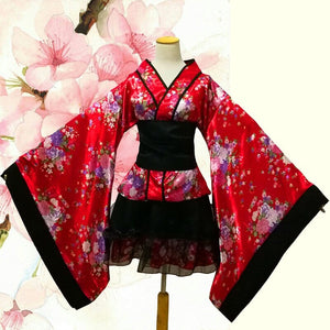 Black Red Japanese Kimono Floral Pattern Short Robe-Kawaii Dream