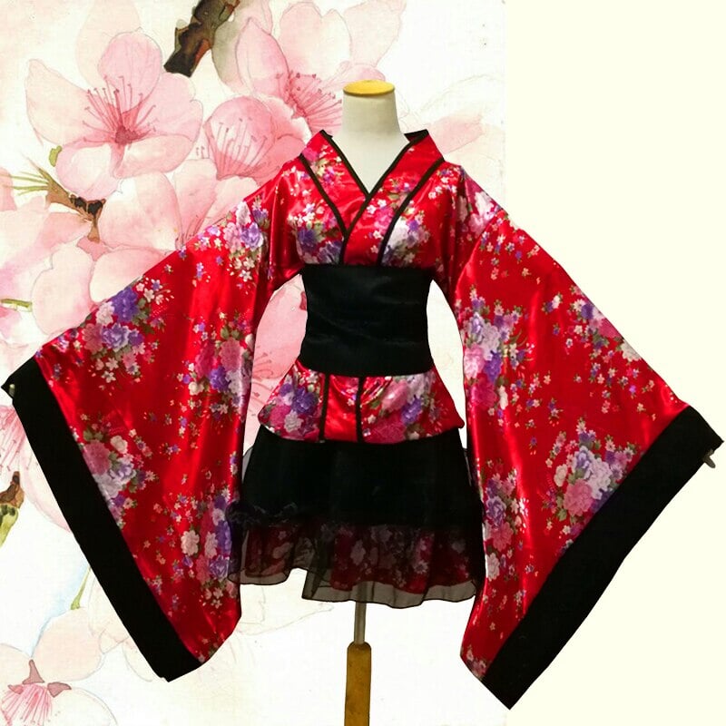 Black Red Japanese Kimono Floral Pattern Short Robe-Kawaii Dream